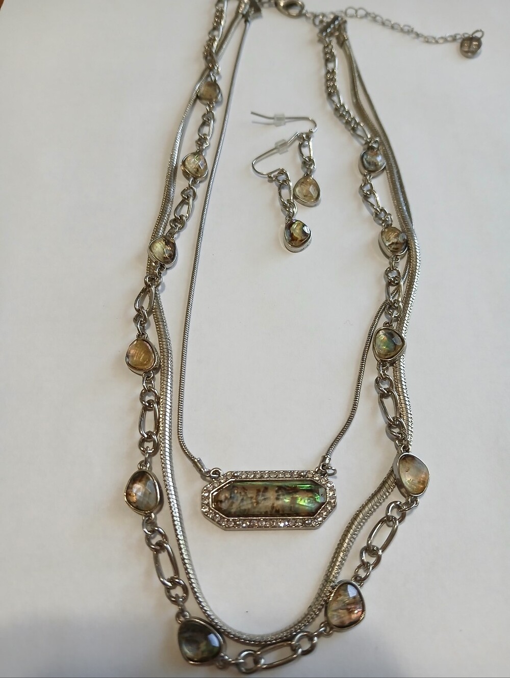 Multi-Strand Silver Abalone Pendant Necklace and Earring Set - Iridescent
